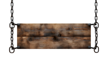 Rustic wooden hanging swing with iron chains shown on transparent background for vintage decor concepts