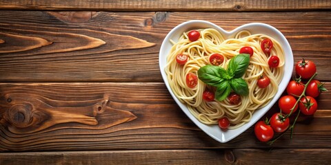 A plate of steaming hot spaghetti in a heart shape, garnished with cherry tomatoes and fresh basil leaves on a rustic wooden table , pasta dish, heart shaped spaghetti