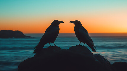 Black crow standing on a rugged rock by the seaside during a stunning sunset
