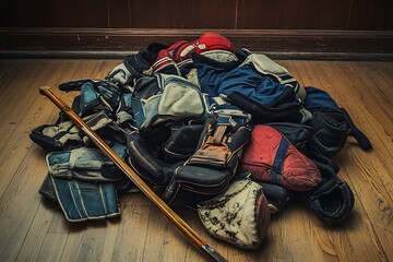 a pile of hockey gear