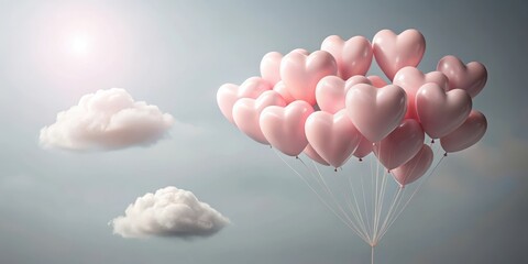 Fototapeta premium Soft pink heart-shaped balloons floating gently downwards from a white cloud with a subtle gradient effect, suspended in mid-air against a soft gray background , Cloudy Background, Soft Colors