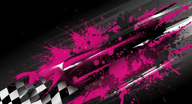 Abstract racing background with pink and black paint splatters and checkered flag.
