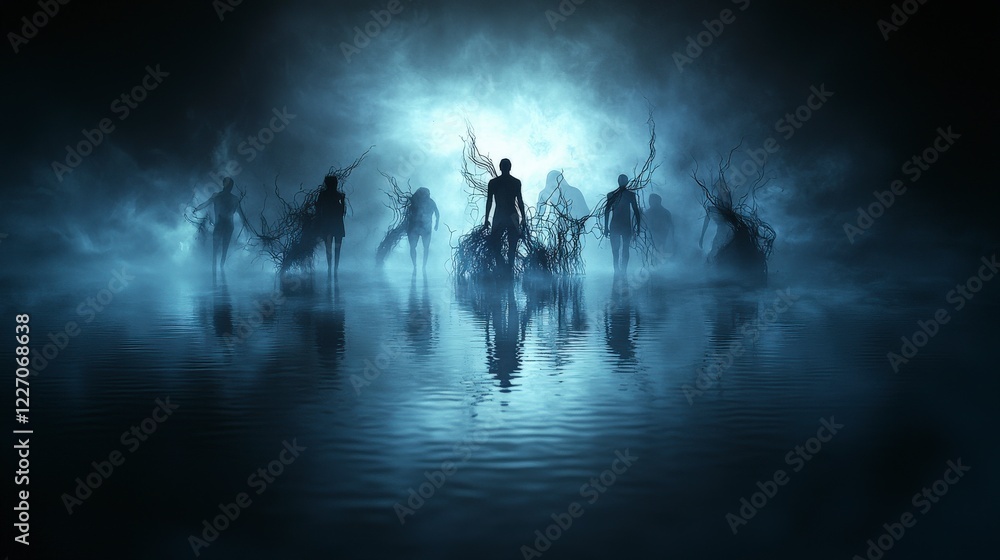 Aufkleber silhouetted figures mysteriously transforming ethereal lake digital art surreal environment wide ang