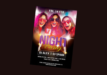 Night Party Flyer with Three Cheerful Women in Club and Venue Details.