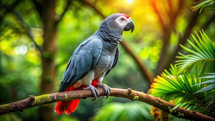 Obraz premium Vibrant gray parrot with red tail perched on a jungle tree branch.