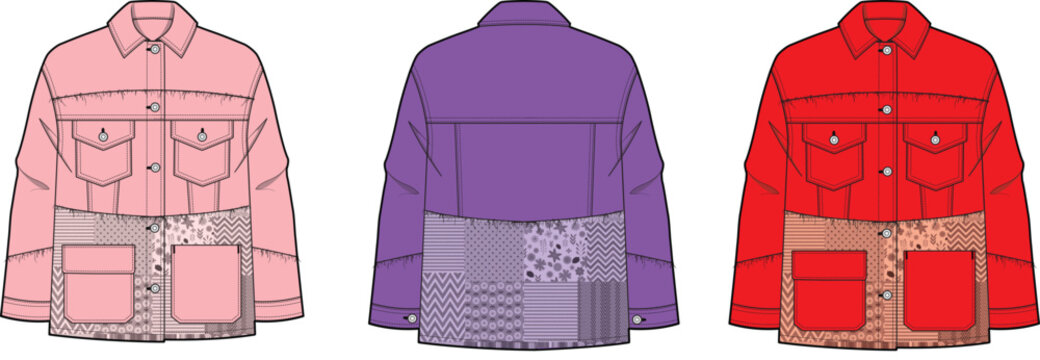 Trendy Patchwork Denim Jacket Fashion Flat Sketches