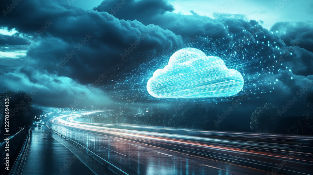 Poster cloud computing, data storage and security banner set with digital devices. users connecting to clou