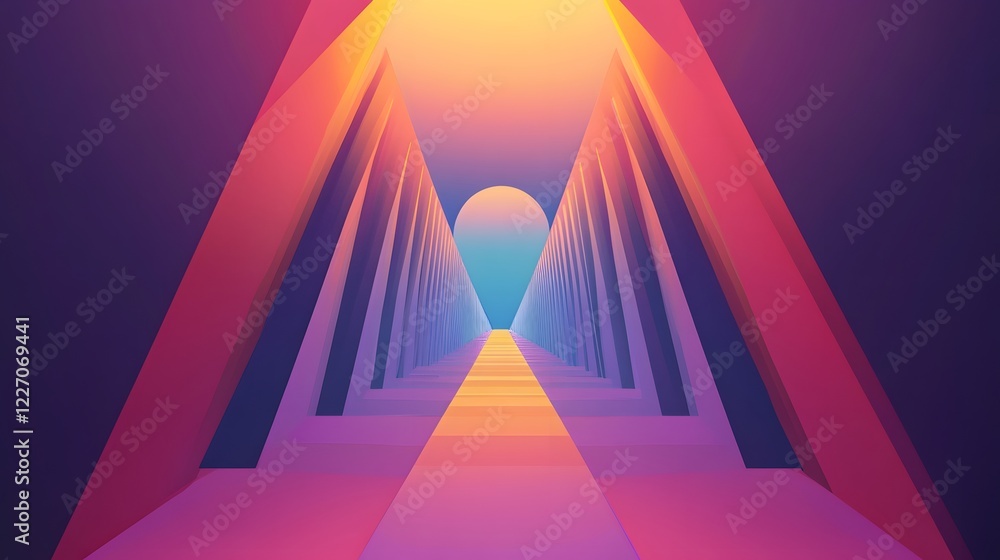 Poster abstract geometric tunnel with vivid colors, vibrant light patterns creating a sense of depth, perfe
