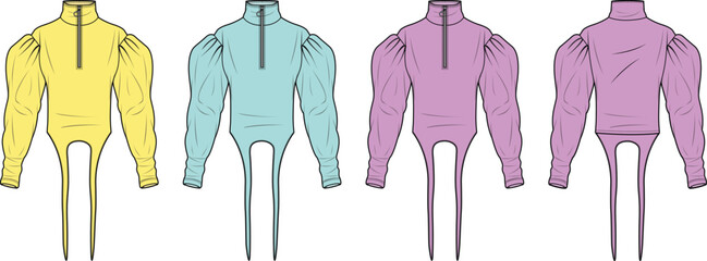 Fashion Flat Sketches:  Puff Sleeve Mock Neck Cutout Bodysuit Designs