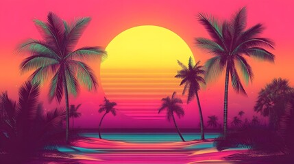 Tropical sunset scene, vibrant colors with palm trees reflected in calm water, ideal for relaxation and vacation themes.