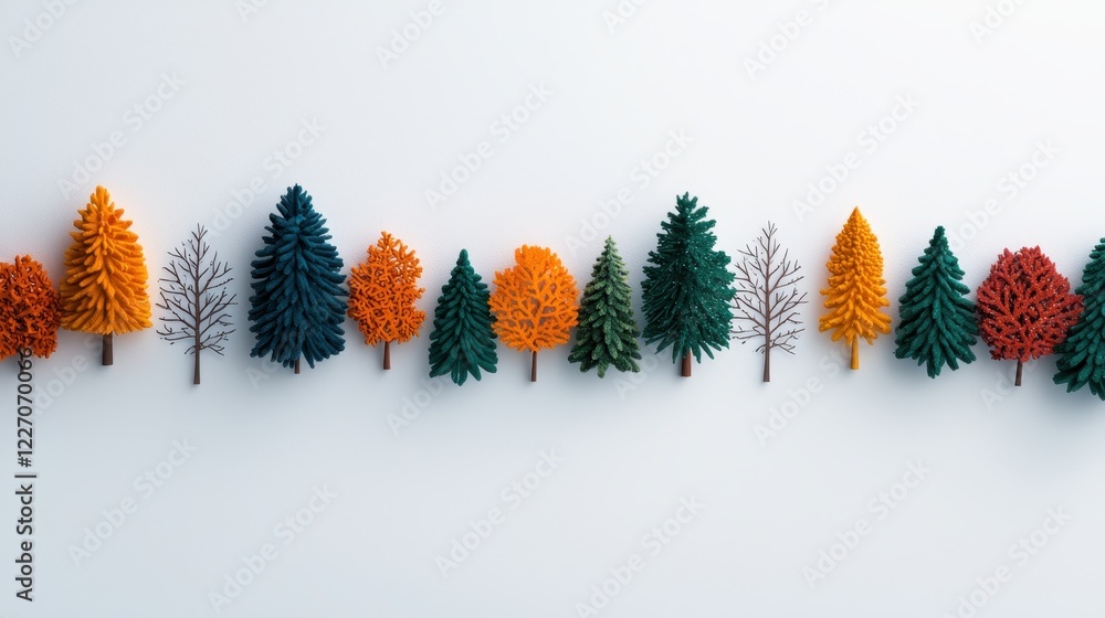 Poster a colorful display of miniature trees in various shapes and autumn hues arranged in a line against a