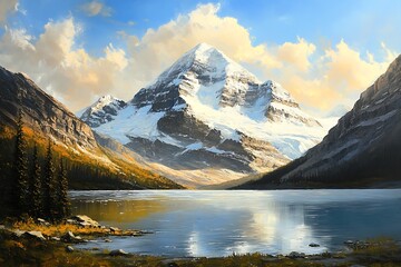 Fototapeta premium Towering Mountain with Icy Glaciers Glistening in the Sun