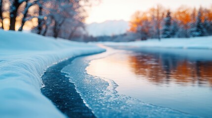 A serene winter landscape featuring a partially frozen river bordered by snow-covered banks and trees, illuminated by warm sunset hues.