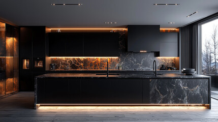 Modern black marble kitchen island, ambient lighting, winter forest view