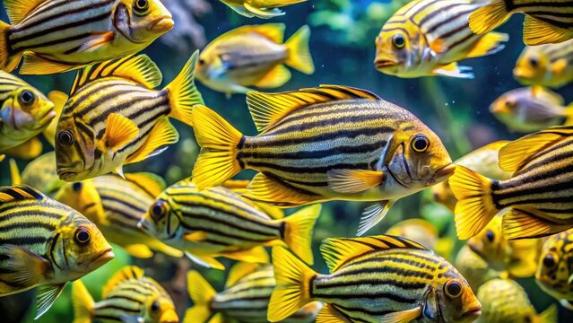 Vivid yellow and black striped tropical fish swim in a vibrant underwater scene, a captivating pet photography subject.