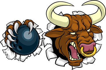 Bull Minotaur Longhorn Cow Bowling Mascot Cartoon