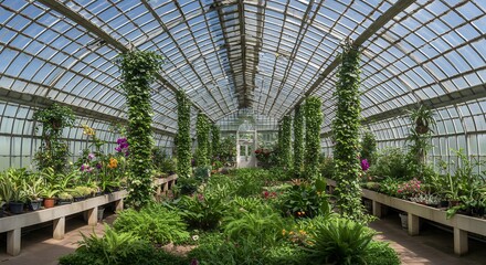 Fototapeta premium Lush Greenhouse Plants and Glass Structure Panorama