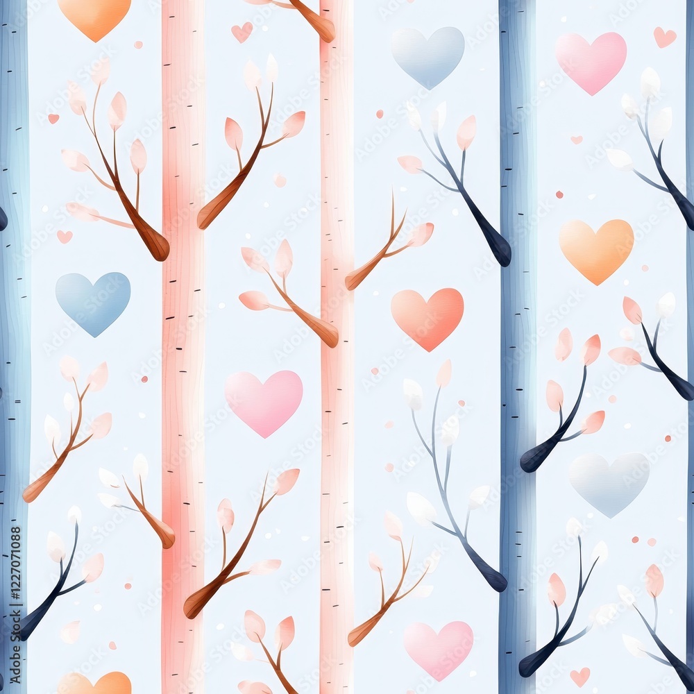 Poster a whimsical pattern of pastel trees and hearts, featuring branches in soft hues, creating a serene a