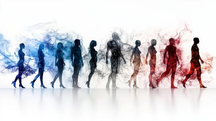 Human silhouettes transitioning through various stages of life abstract art digital illustration vibrant colors conceptual