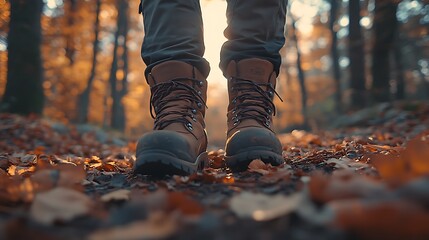 Hiking Boots on Autumn Leaf-Covered Path