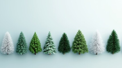 Obraz premium A row of various Christmas trees, showcasing different styles and colors, set against a light background.