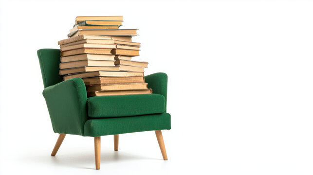 National Day of Unplugging. Cozy green chair with stacked vintage books top, inviting reading