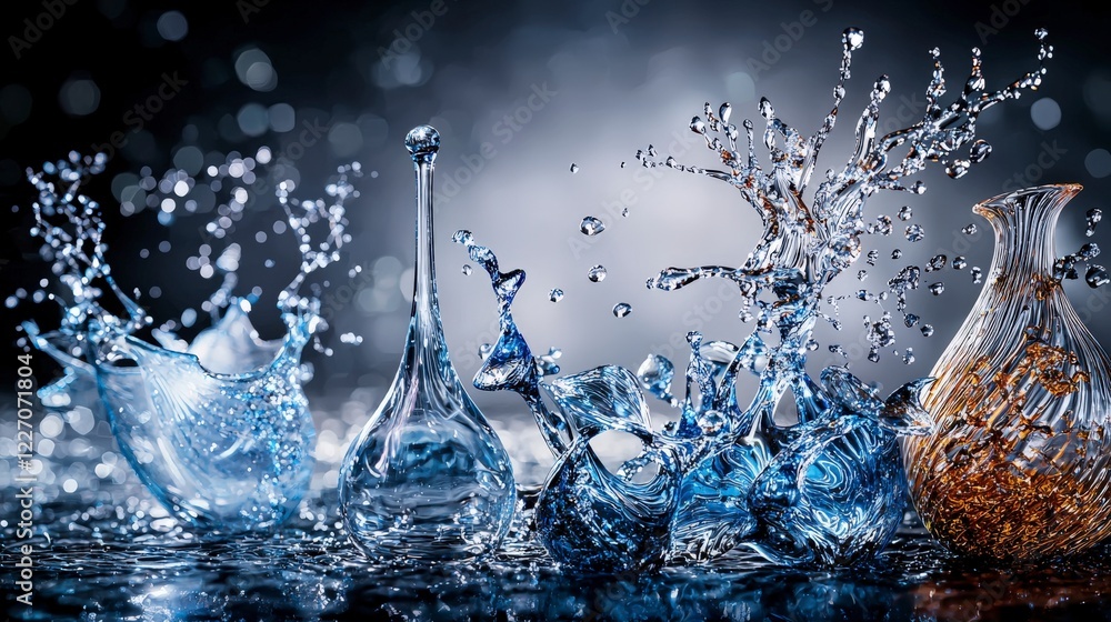 Aufkleber studio setting art photography dynamic water splashes with intricate glass sculptures in an elegant 