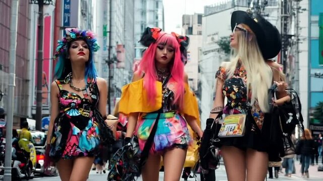 Japanese girls with colorful hair wig on a street