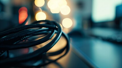 Close-up of neatly organized cables in a modern workspace, showcasing efficient cord management and clean setup for technology and office environments.