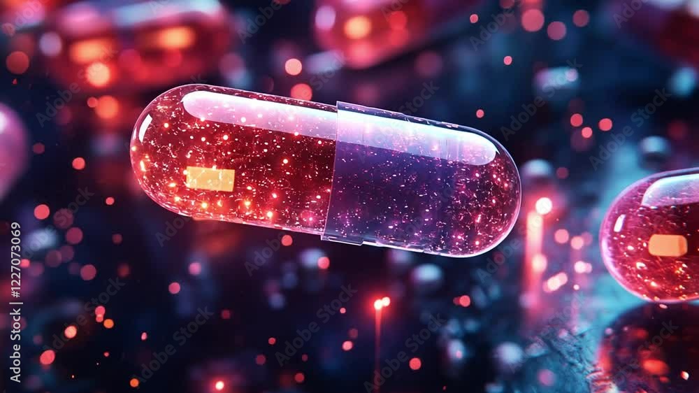 Poster glowing red capsules surrounded by sparkling particles in a dark environment
