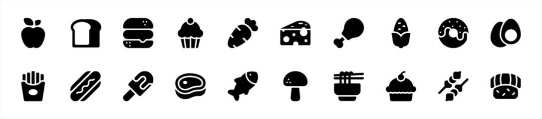 Set of food icons. 20 sets of food icons. Food icons. Simple glyph food icons	