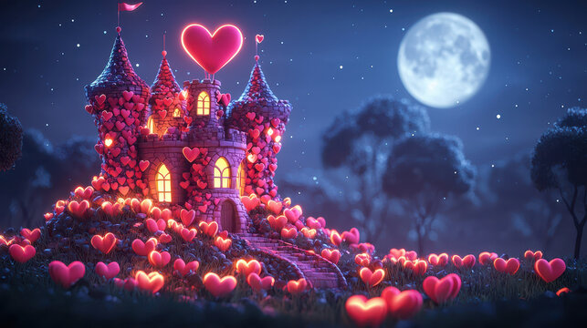 whimsical castle adorned with hearts, glowing under full moon