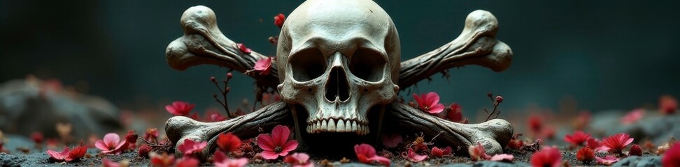 Obraz premium Skull with crossbones made of twisted vines and flowers, dead, eerie, grave