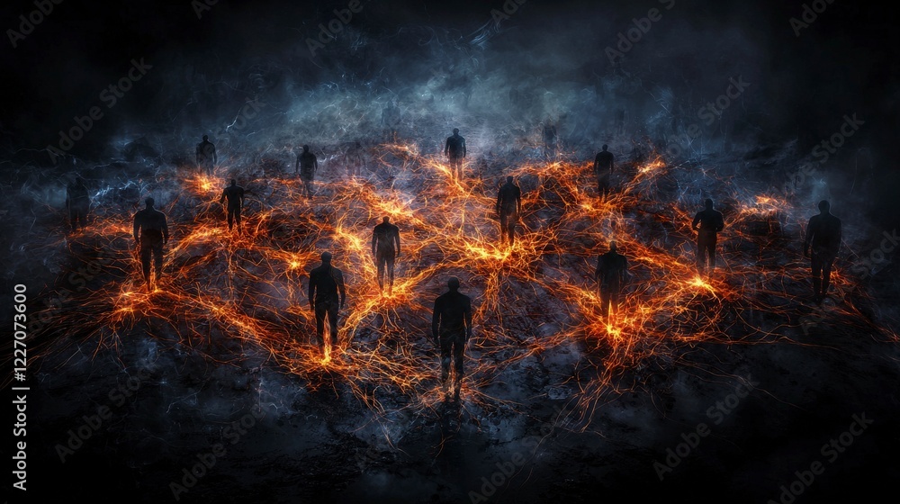 Poster interconnected human silhouettes representing unity abstract digital art dark environment conceptual