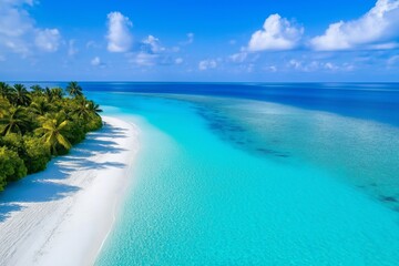 Tropical Beach with Palm Trees. Pristine White Sand and Clear Turquoise Water under a Bright Blue Sky. Perfect for Travel, Exotic Vacation, and Relaxation Themes. AI generated