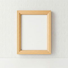 picture frame on a white wall. Minimal wooden picture poster frame mockup on white wallpaper.