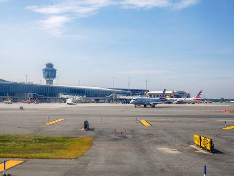 NEW YORK, USA - AUGUST 29 2024 - La Guardia Airport view from airplane before taking off