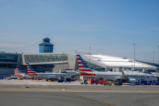 NEW YORK, USA - AUGUST 29 2024 - La Guardia Airport view from airplane before taking off