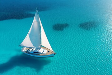 Sailing Yacht on Ocean. Aerial View of a Luxury White Sailboat Cruising Through Deep Blue Water. Clear Sky and Gentle Waves Create a Serene Scene. Travel, Marine, and Adventure Themes. AI generated