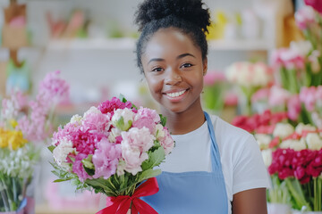 Bright and colorful floral workspace featuring a cheerful florist and elegant bouquet