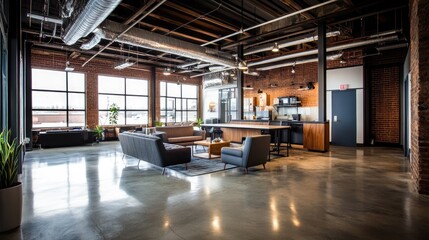 Modern Industrial Office Space with Brick Walls and Large Windows