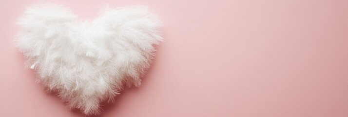Fluffy heart-shaped white feather cushion on soft pink background