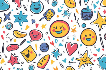 Naklejka premium Colorful pattern featuring playful doodles of smiles, stars, and hearts on a white background