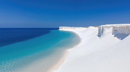 Obraz premium White sand beach, turquoise water, coastal cliffs, sunny day, travel destination