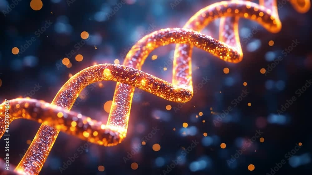 Poster colorful spiral dna helix glowing in dark background with abstract bokeh effect