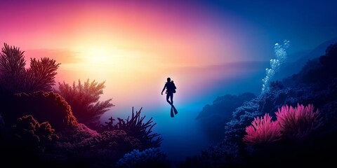 Scuba Diver Silhouette Over Vibrant Coral Reef at Sunset. Deep Sea Exploration with Colorful Marine Life and Breathtaking Underwater Landscape. Adventure, Travel, and Nature Themes. AI generated