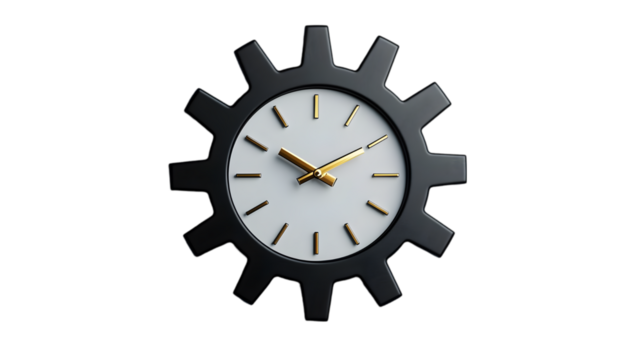 Black gear shaped clock with white dial isolated on transparent background for mechanical or interior designs
