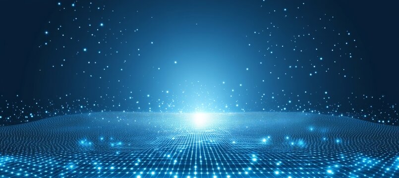 Abstract Digital Pathways Converging Intense Center Light Source Blue Gradient Background.