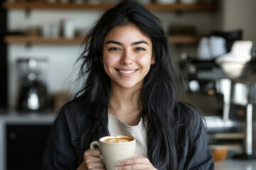 Smiling young woman with long dark hair holding a coffee cup in a bright modern kitchen, showcasing casual style and warmth