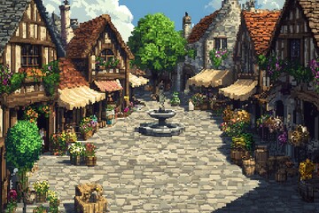 a pixelated medieval village